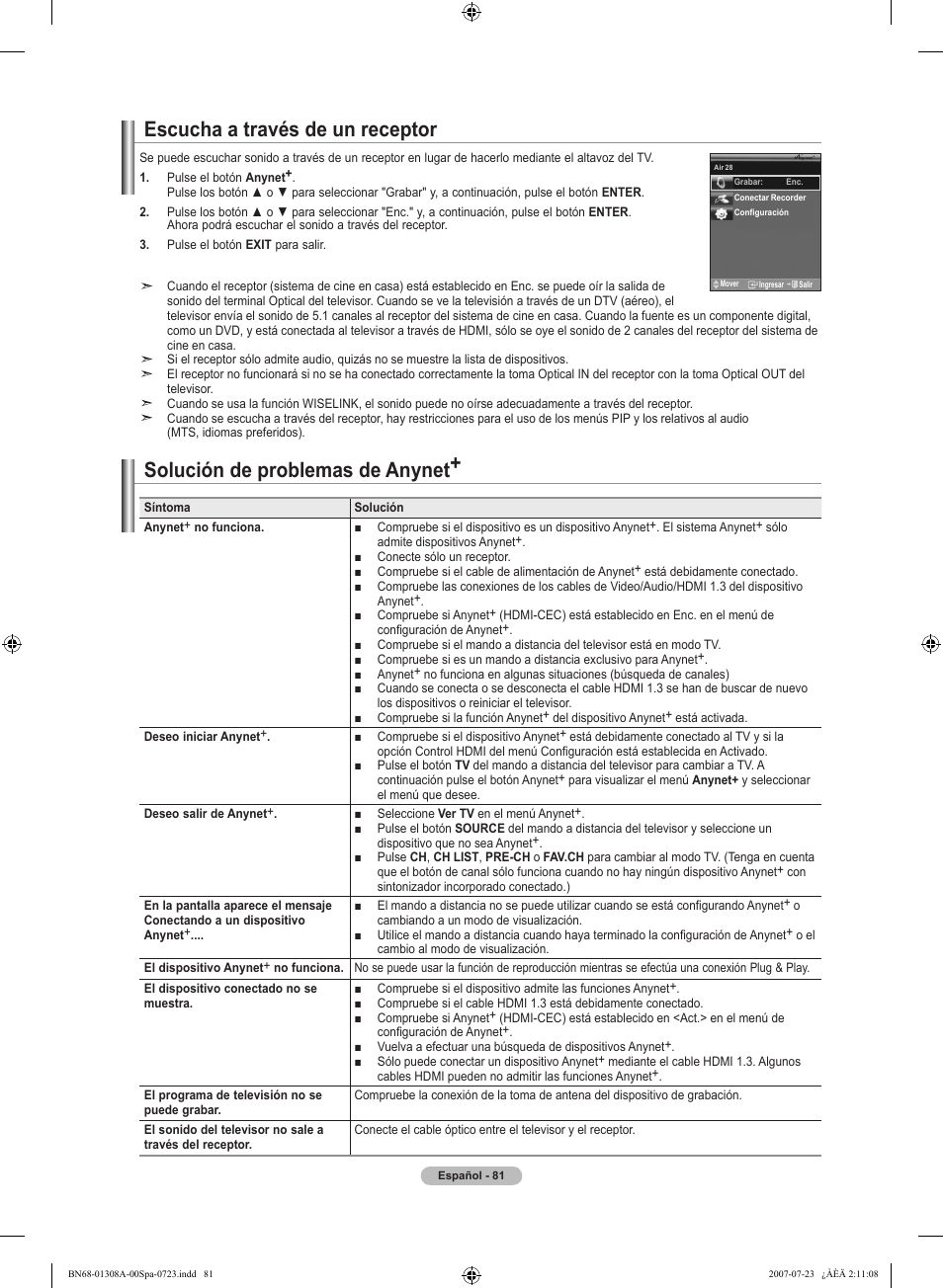 Escucha a través de un receptor, Solución de problemas de anynet | Samsung LNT4081FX-XAA User Manual | Page 271 / 283