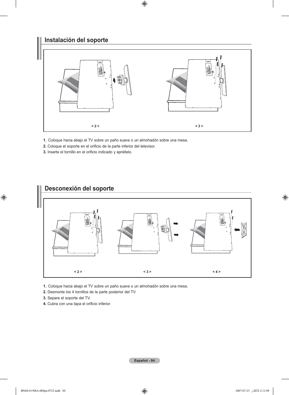 Instalación del soporte, Desconexión del soporte | Samsung LNT4081FX-XAA User Manual | Page 274 / 283