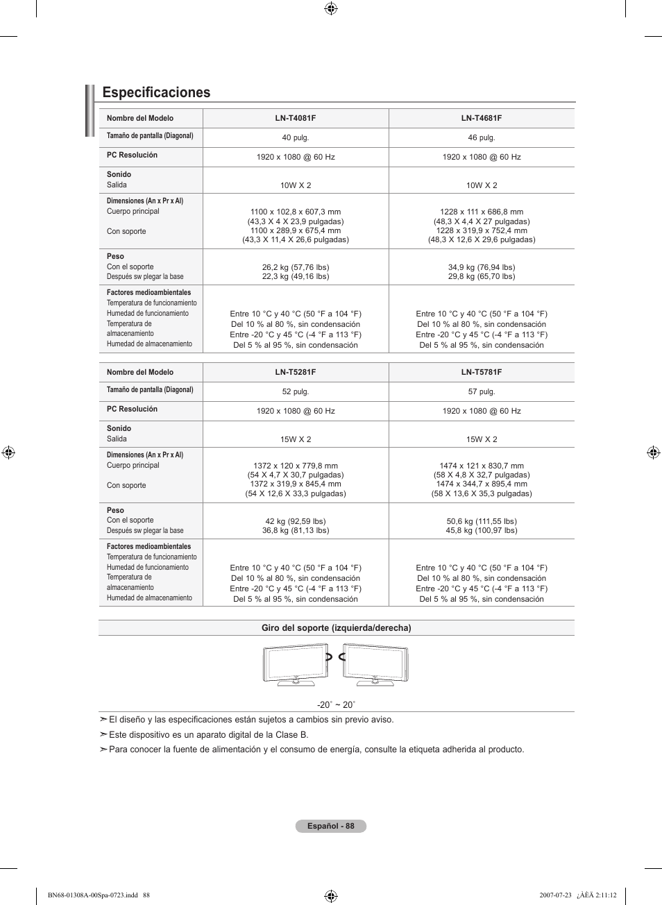 Especificaciones | Samsung LNT4081FX-XAA User Manual | Page 278 / 283