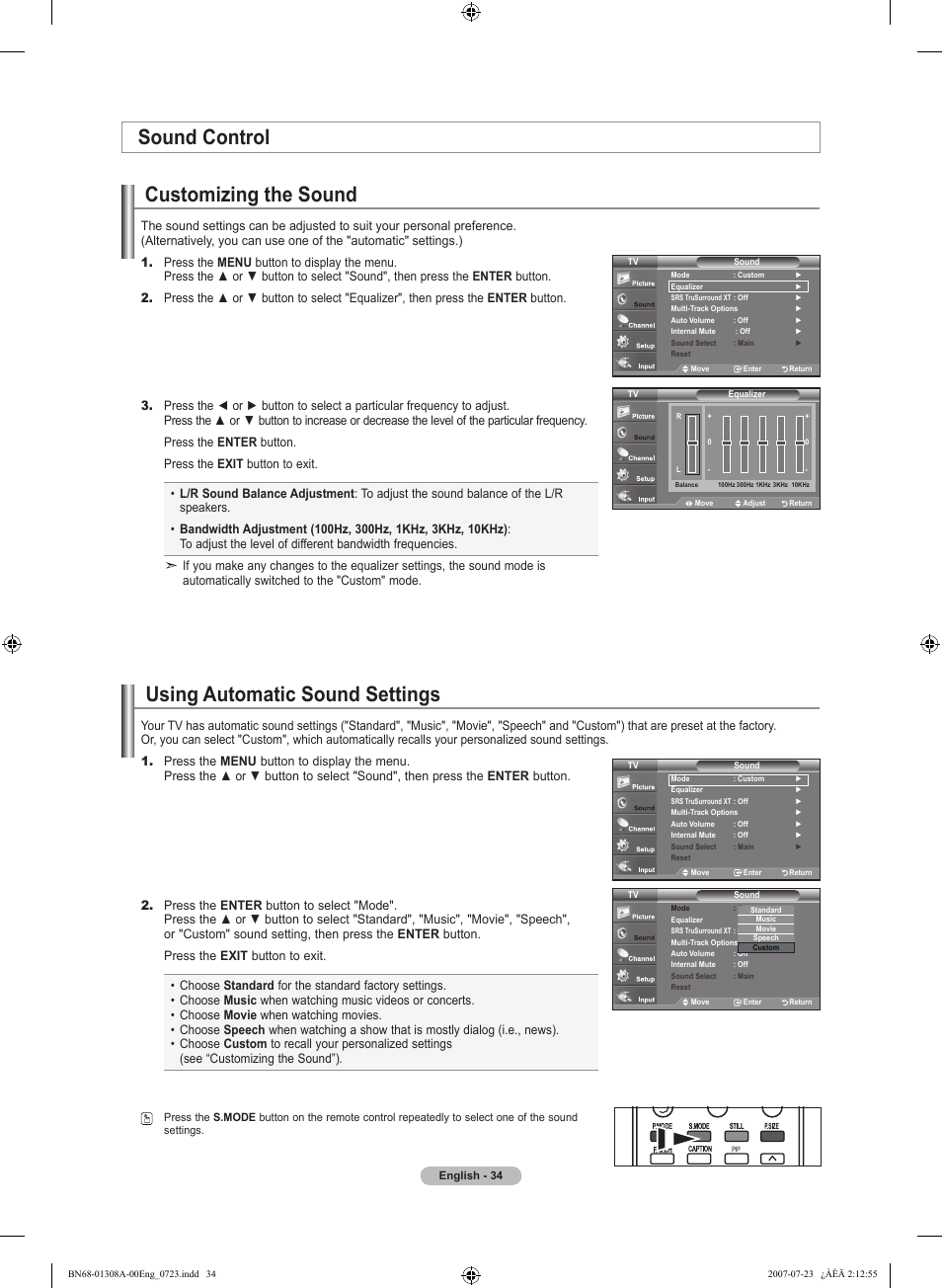 Sound control, Customizing the sound, Using automatic sound settings | Samsung LNT4081FX-XAA User Manual | Page 36 / 283