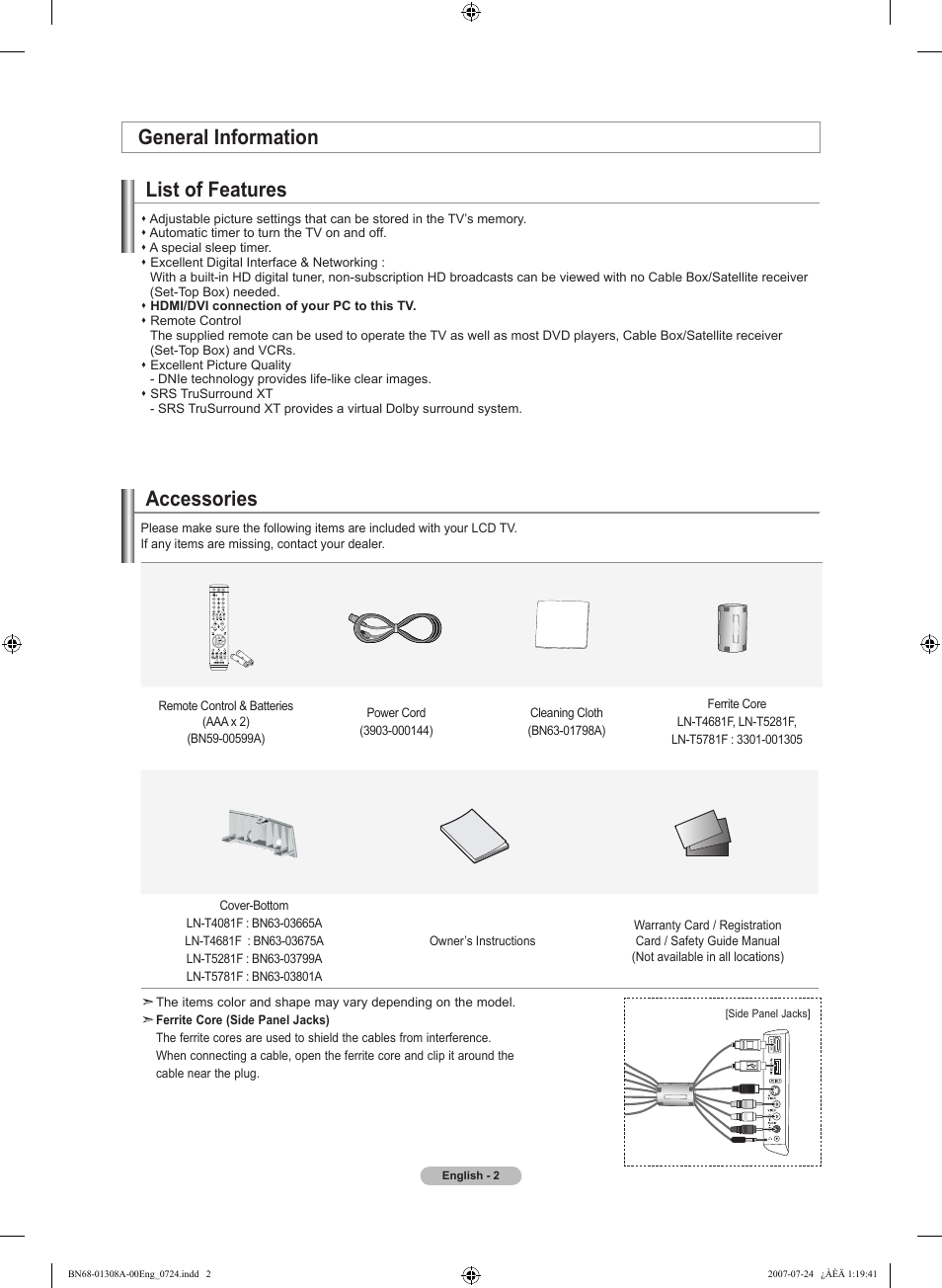 General information, List of features, Accessories | General information list of features | Samsung LNT4081FX-XAA User Manual | Page 4 / 283