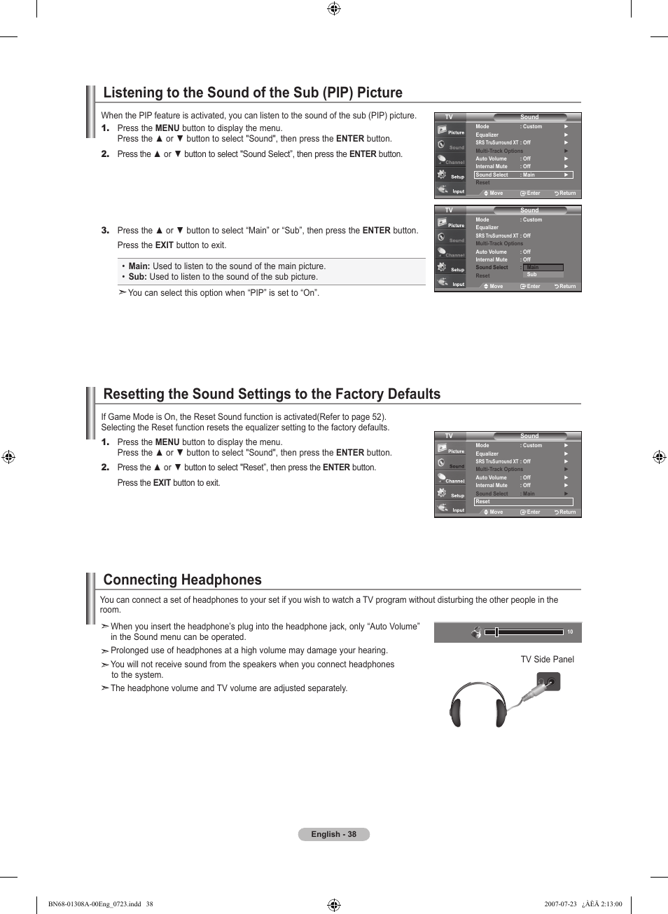 Listening to the sound of the sub (pip) picture, Connecting headphones | Samsung LNT4081FX-XAA User Manual | Page 40 / 283