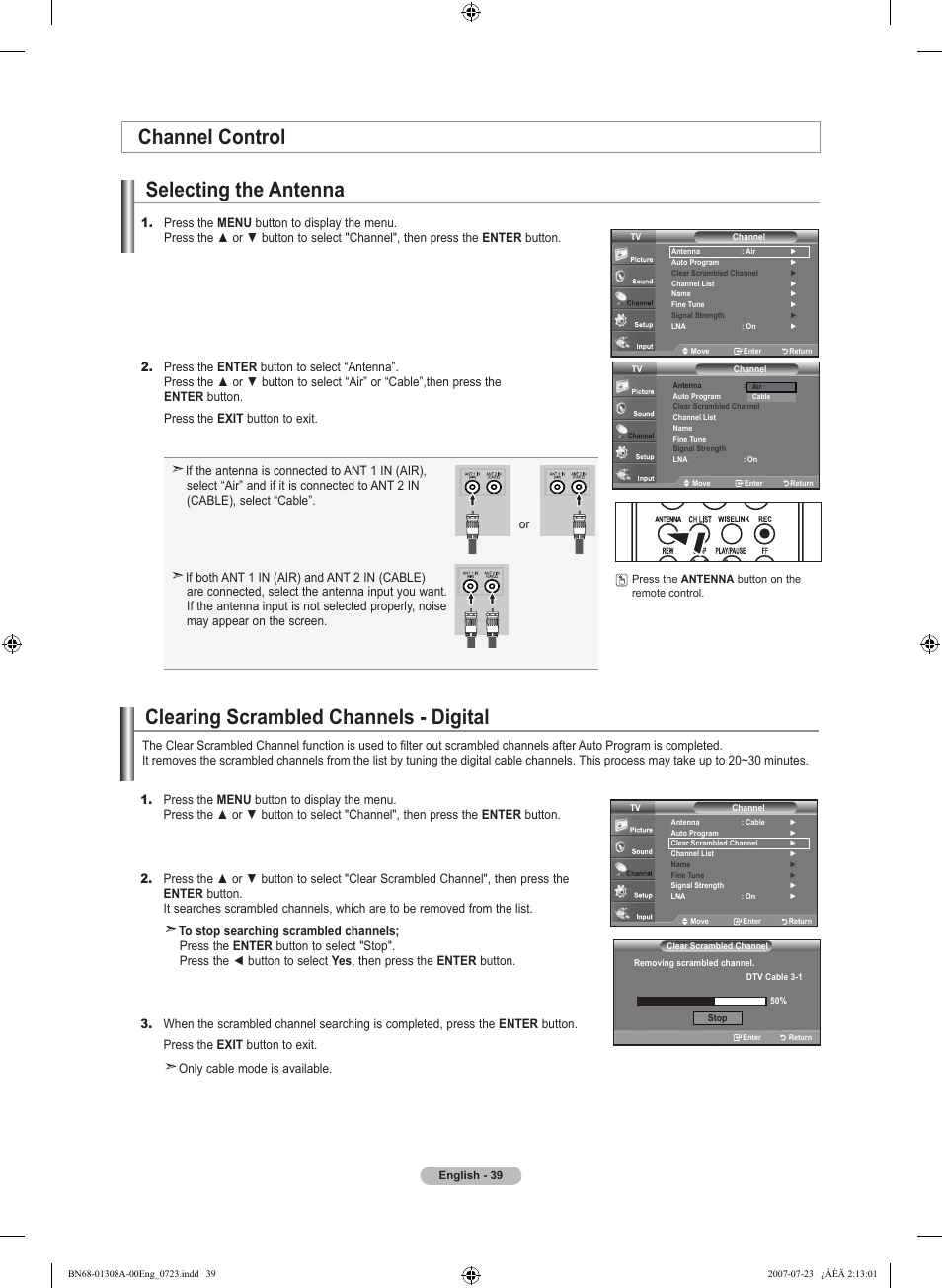 Channel control, Selecting the antenna, Clearing scrambled channels - digital | Channel control selecting the antenna | Samsung LNT4081FX-XAA User Manual | Page 41 / 283