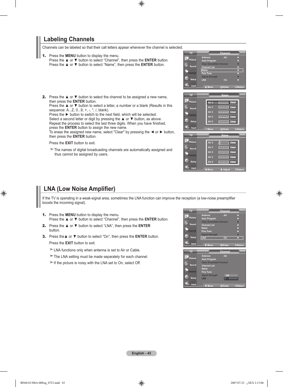 Labeling channels, Lna (low noise amplifier) | Samsung LNT4081FX-XAA User Manual | Page 45 / 283