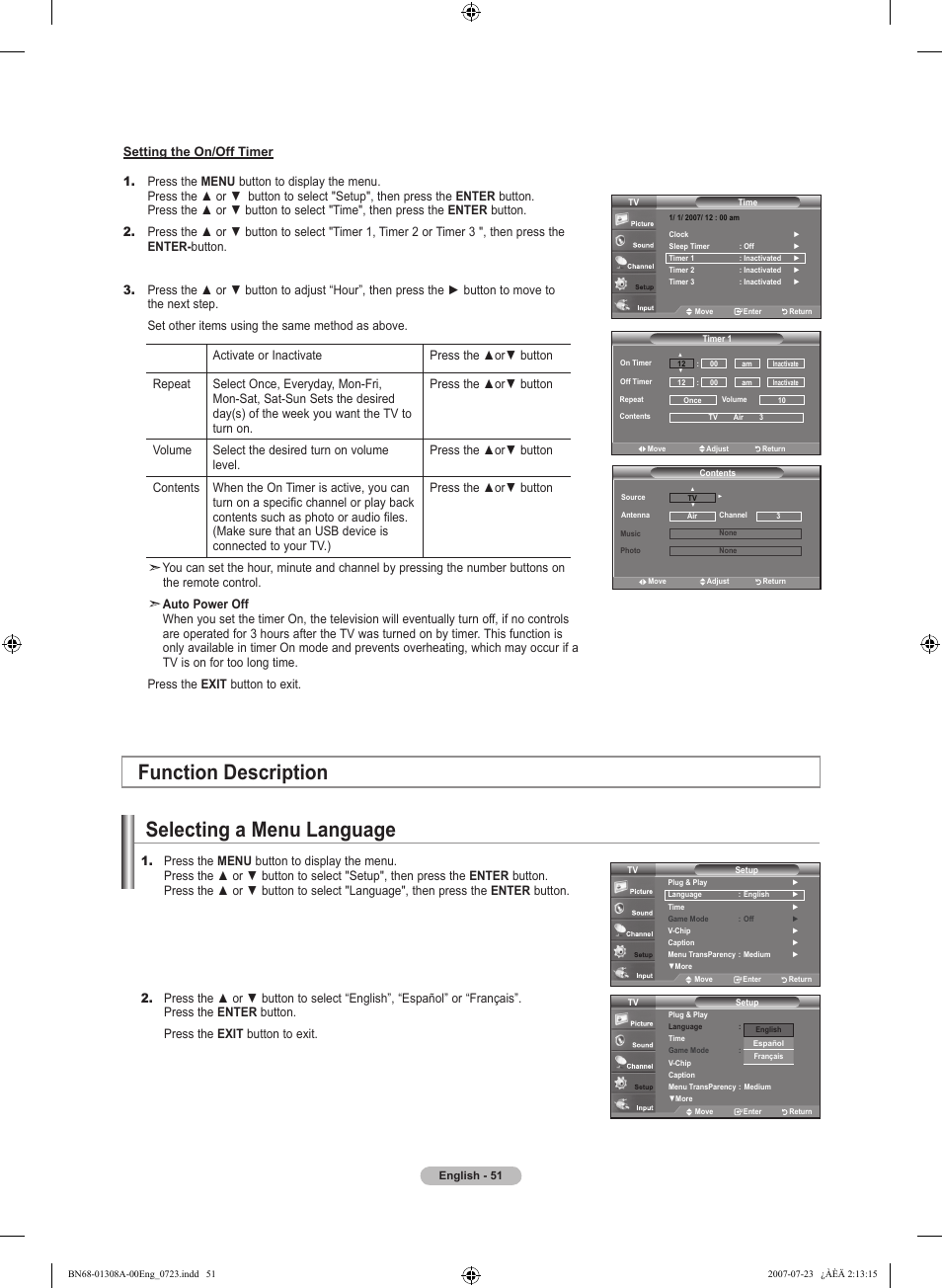 Function description, Selecting a menu language | Samsung LNT4081FX-XAA User Manual | Page 53 / 283