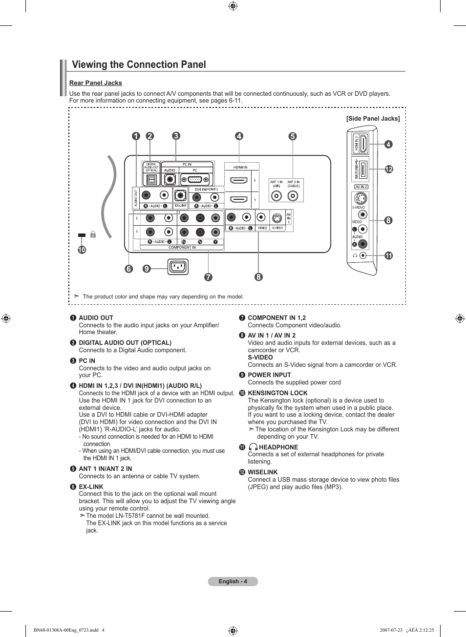 Viewing the connection panel | Samsung LNT4081FX-XAA User Manual | Page 6 / 283