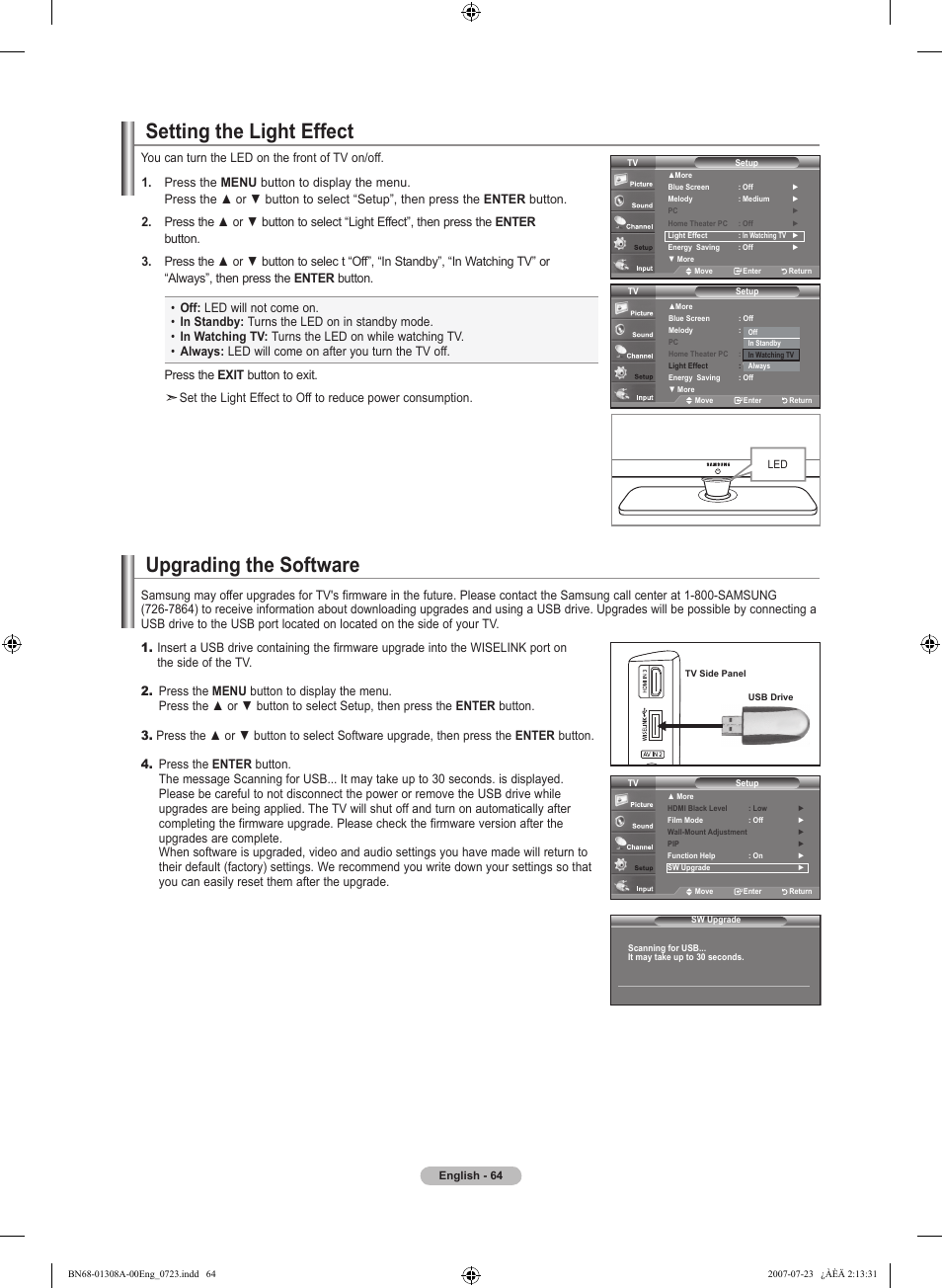 Setting the light effect, Upgrading the software | Samsung LNT4081FX-XAA User Manual | Page 66 / 283