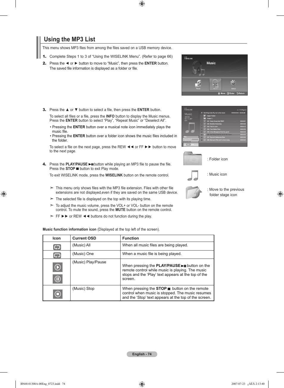 Using the mp3 list, Using the mp list | Samsung LNT4081FX-XAA User Manual | Page 76 / 283