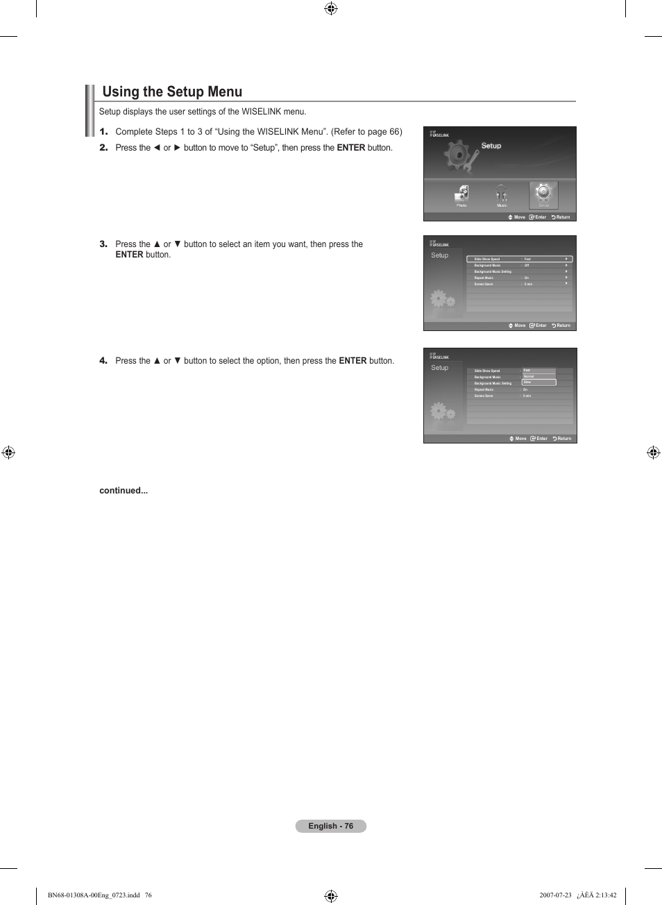 Using the setup menu, English - 76 | Samsung LNT4081FX-XAA User Manual | Page 78 / 283
