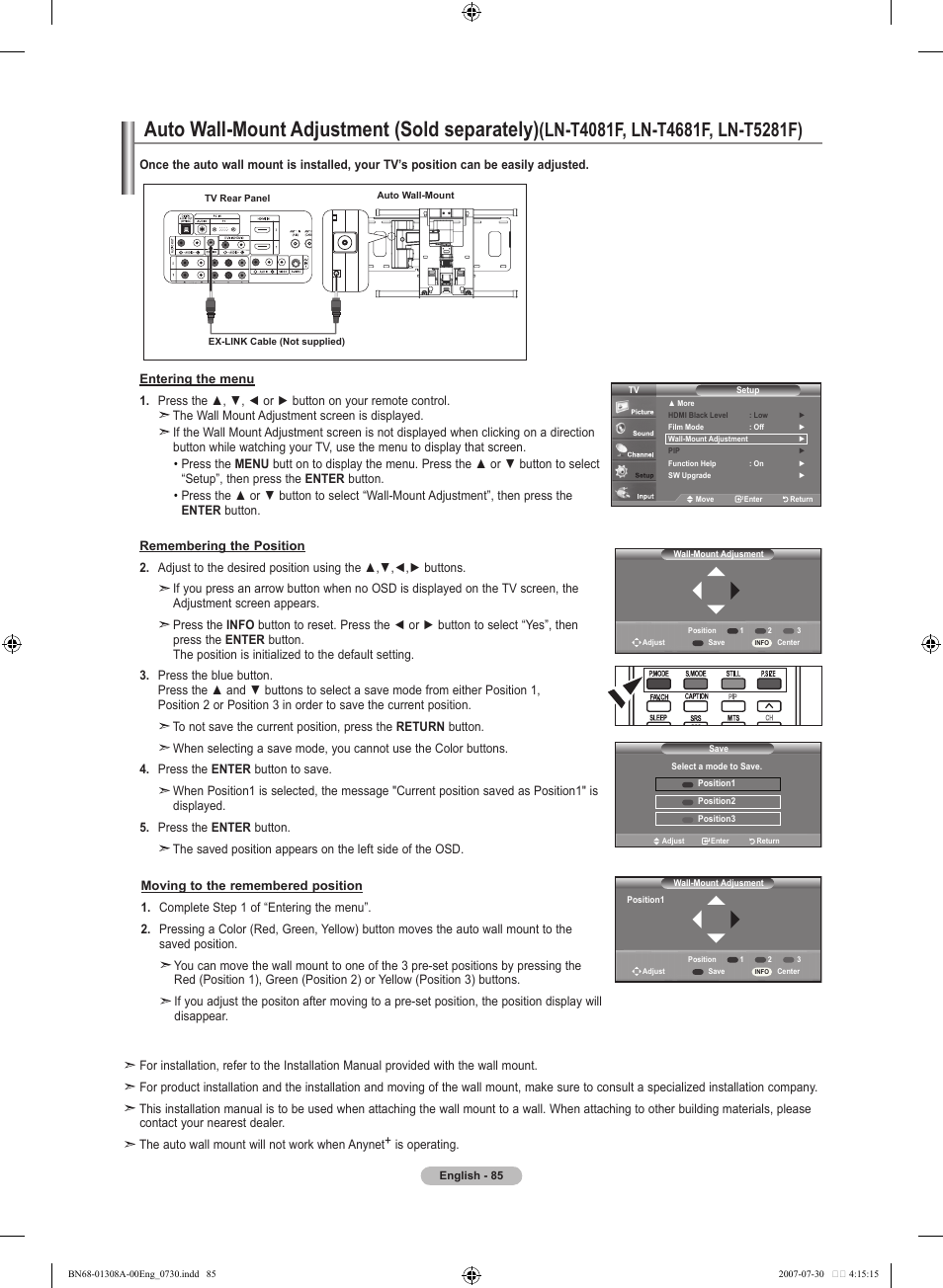 Auto wall-mount adjustment (sold separately), Ln-t4081f, ln-t4681f, ln-t5281f) | Samsung LNT4081FX-XAA User Manual | Page 87 / 283
