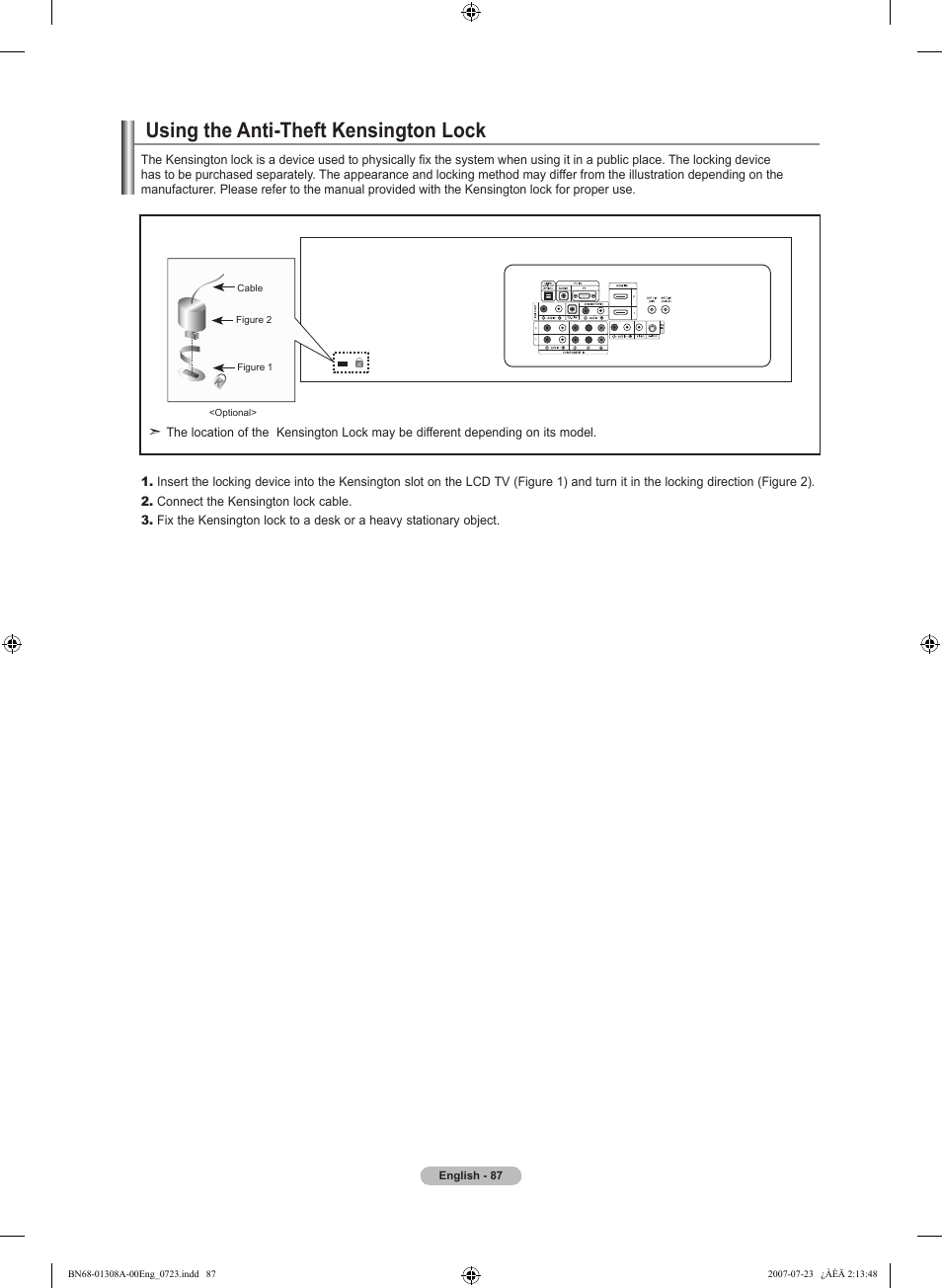 Using the anti-theft kensington lock | Samsung LNT4081FX-XAA User Manual | Page 89 / 283
