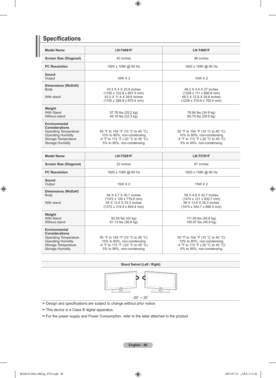 Specifications | Samsung LNT4081FX-XAA User Manual | Page 90 / 283
