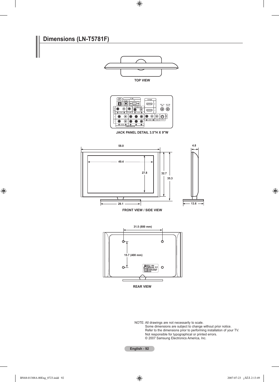 Dimensions (ln-t5781f), Dimensions (ln-t781f) | Samsung LNT4081FX-XAA User Manual | Page 94 / 283