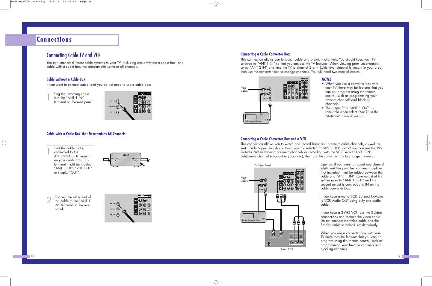Connections, Connecting cable tv and vcr | Samsung HLP5663WX-XAC User Manual | Page 10 / 46