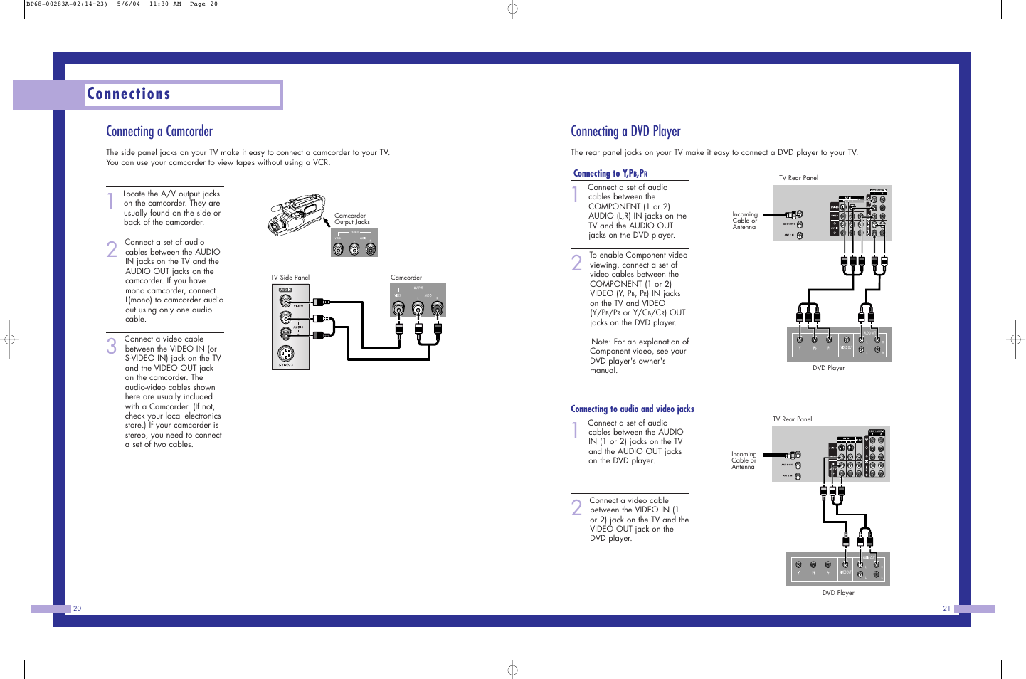 Connections, Connecting a dvd player, Connecting a camcorder | Samsung HLP5663WX-XAC User Manual | Page 11 / 46