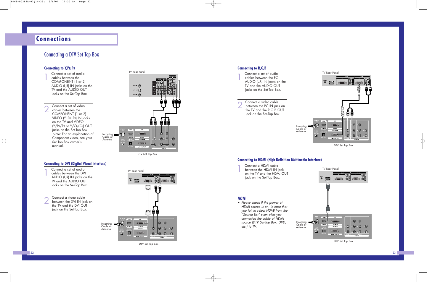 Connections, Connecting a dtv set-top box | Samsung HLP5663WX-XAC User Manual | Page 12 / 46