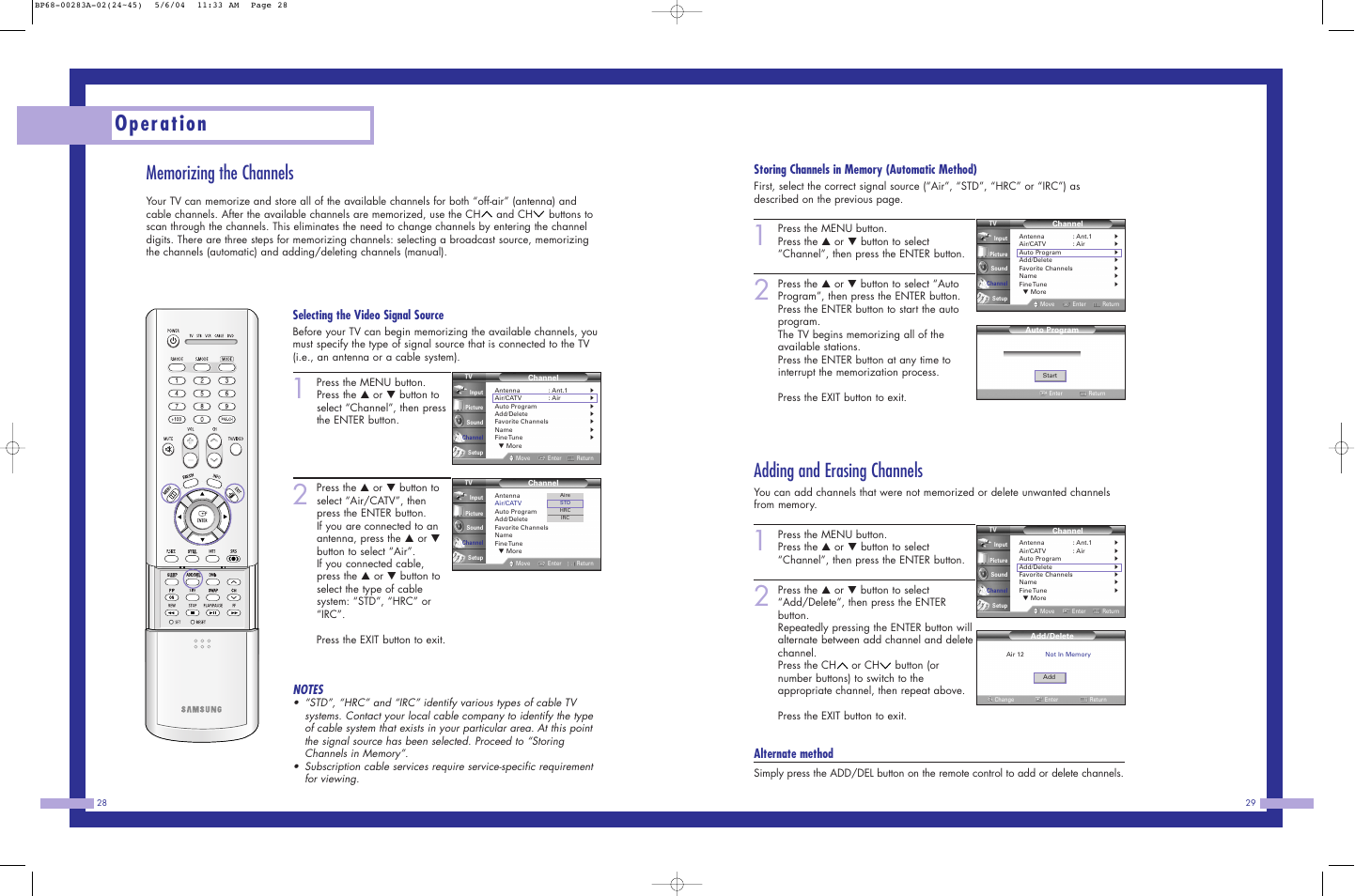 Operation, Adding and erasing channels, Alternate method | Selecting the video signal source | Samsung HLP5663WX-XAC User Manual | Page 15 / 46