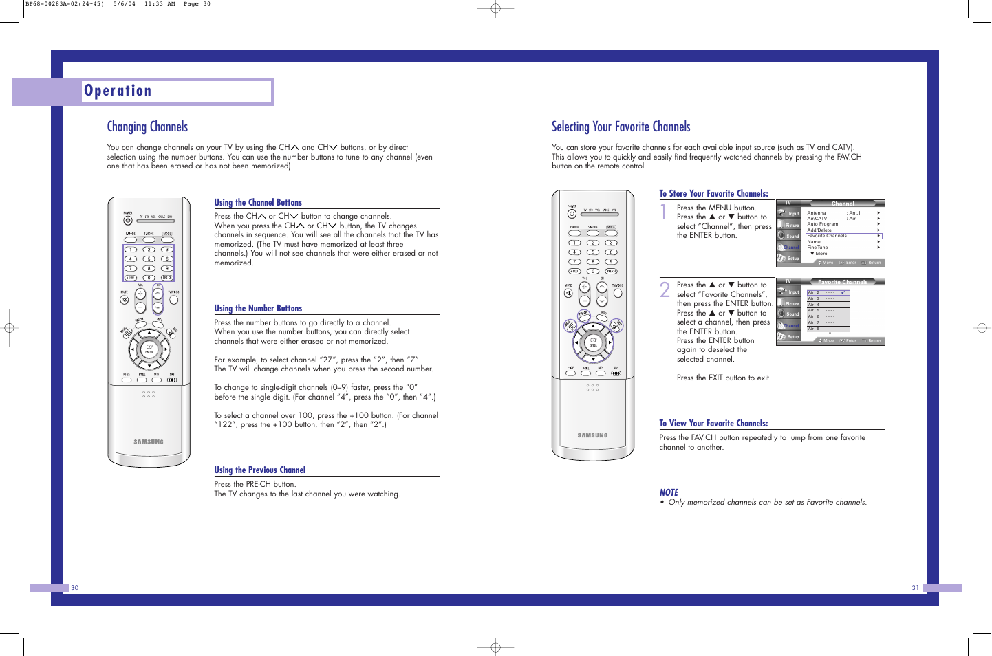 Operation, Selecting your favorite channels, Changing channels | Using the channel buttons, Using the number buttons, Using the previous channel | Samsung HLP5663WX-XAC User Manual | Page 16 / 46