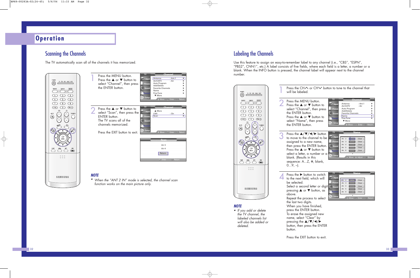 Operation, Scanning the channels, Labeling the channels | Samsung HLP5663WX-XAC User Manual | Page 17 / 46
