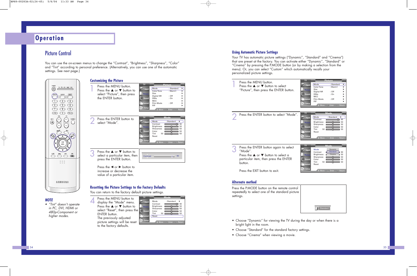 Operation, Picture control, Using automatic picture settings | Alternate method, Customizing the picture, Press the enter button to select “mode | Samsung HLP5663WX-XAC User Manual | Page 18 / 46
