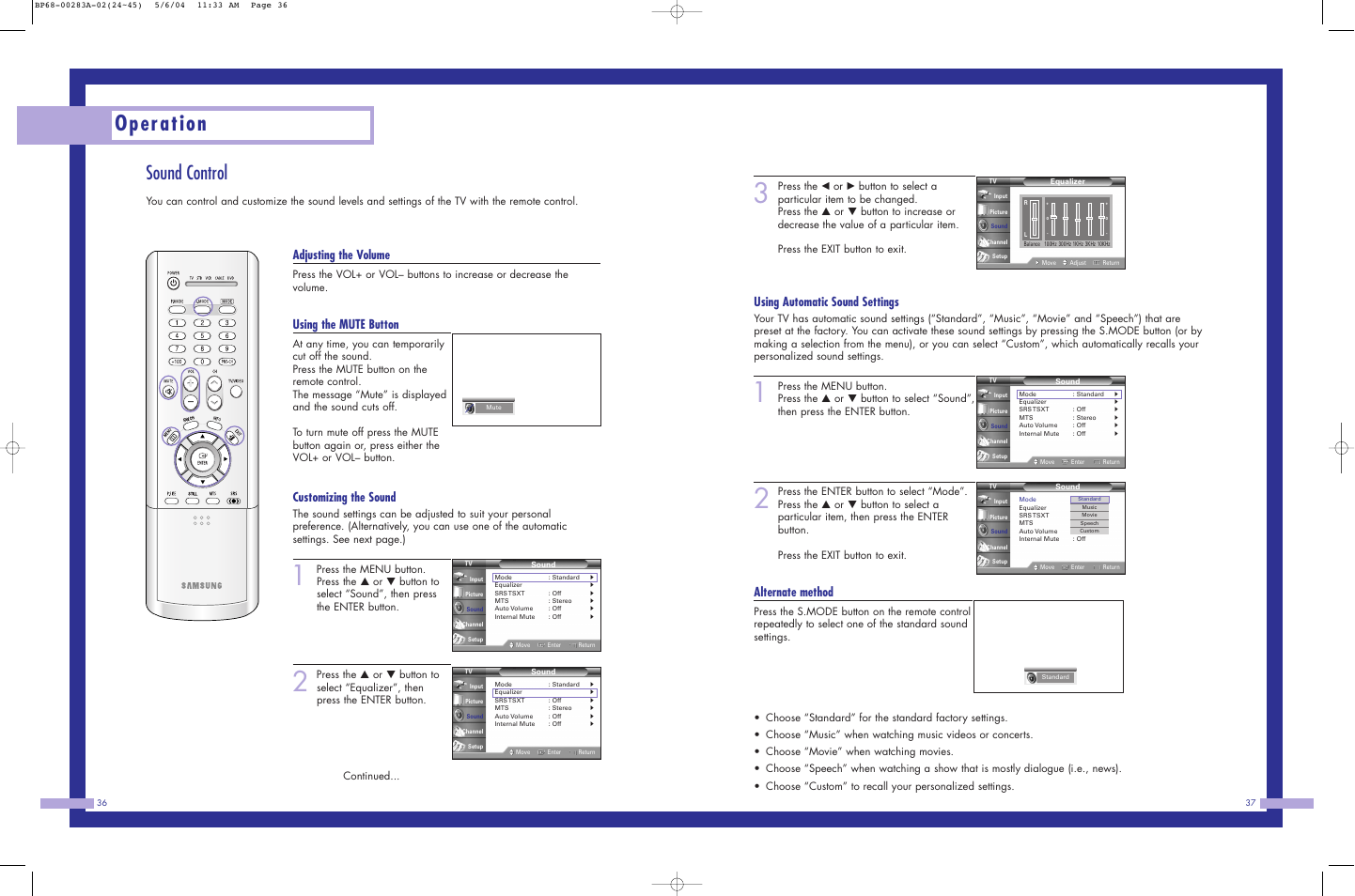 Operation, Sound control, Using automatic sound settings | Alternate method, Adjusting the volume, Using the mute button, Customizing the sound | Samsung HLP5663WX-XAC User Manual | Page 19 / 46