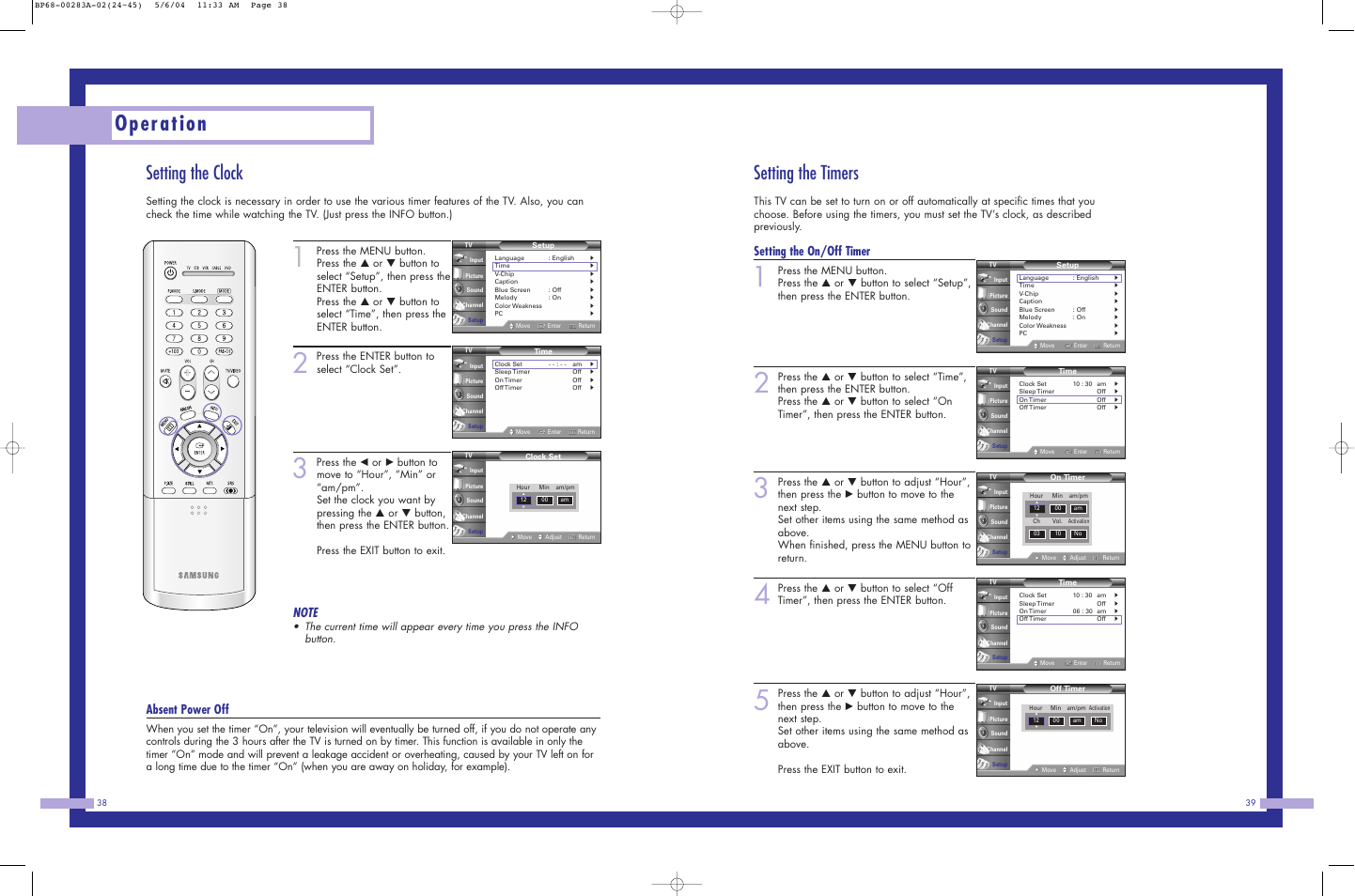 Operation, Setting the timers, Setting the clock | Setting the on/off timer, Absent power off, Press the enter button to select “clock set | Samsung HLP5663WX-XAC User Manual | Page 20 / 46