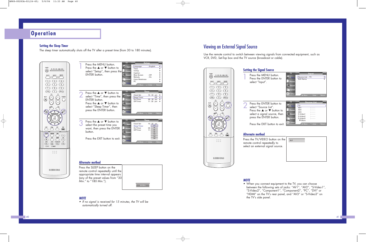 Operation, Viewing an external signal source, Setting the sleep timer | Alternate method, Setting the signal source | Samsung HLP5663WX-XAC User Manual | Page 21 / 46