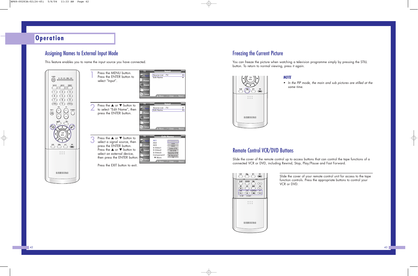 Operation, Assigning names to external input mode, Freezing the current picture | Remote control vcr/dvd buttons | Samsung HLP5663WX-XAC User Manual | Page 22 / 46