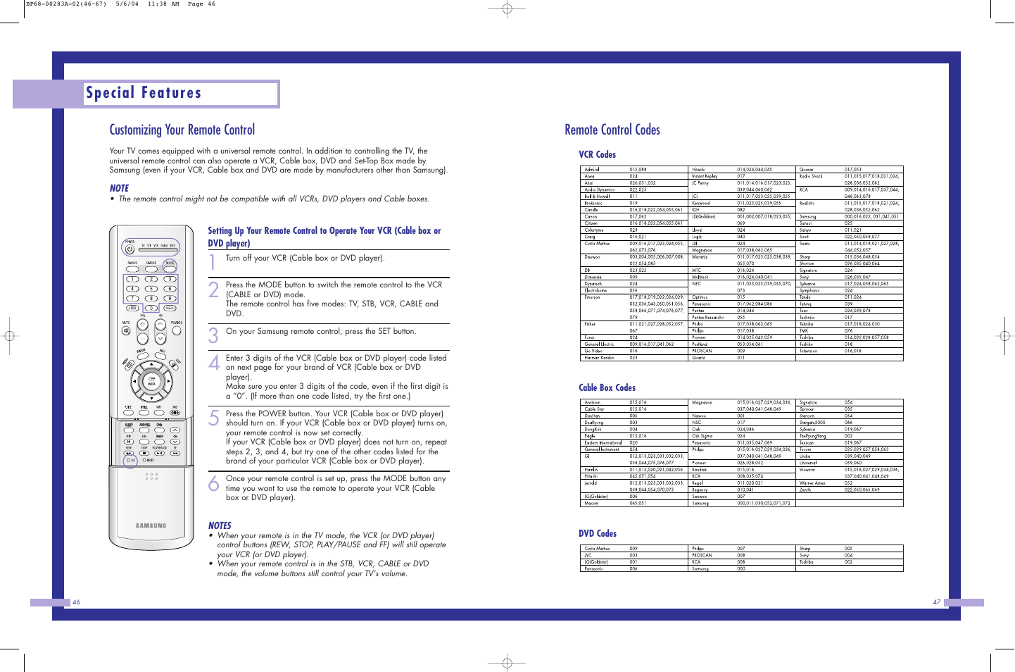 Special features, Customizing your remote control, Remote control codes | Samsung HLP5663WX-XAC User Manual | Page 24 / 46