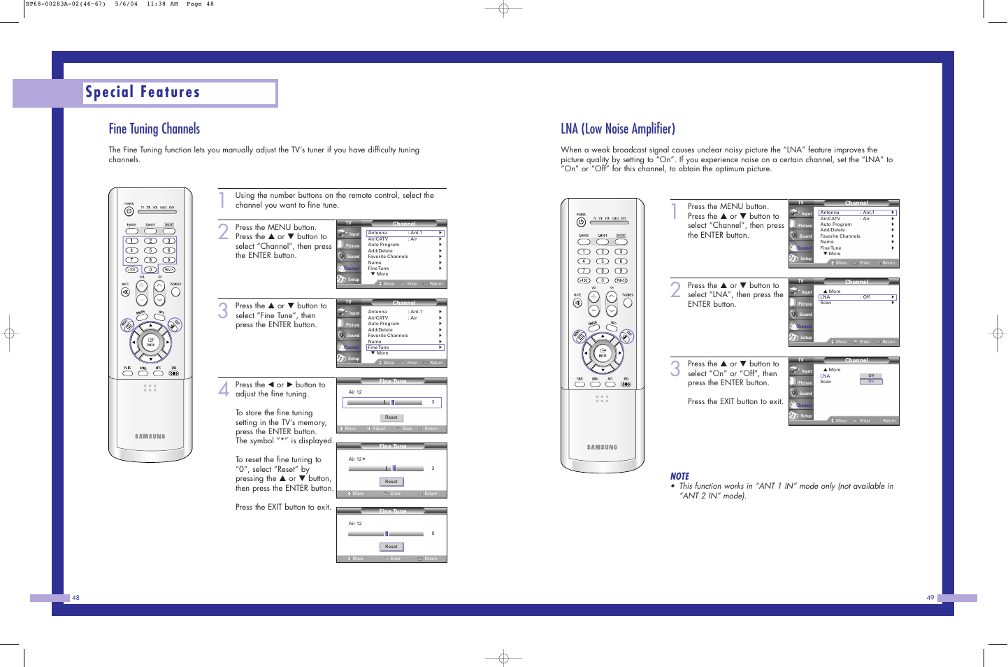 Special features, Lna (low noise amplifier), Fine tuning channels | Samsung HLP5663WX-XAC User Manual | Page 25 / 46
