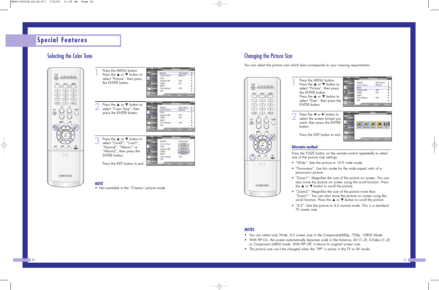 Special features, Changing the picture size, Selecting the color tone | Alternate method, Not available in the “cinema” picture mode | Samsung HLP5663WX-XAC User Manual | Page 26 / 46