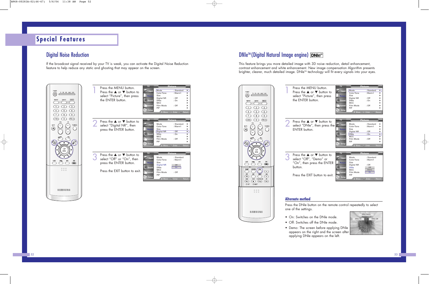 Special features, Digital noise reduction, Dnie | Digital natural image engine), Alternate method, Technology will fit every signals into your eyes | Samsung HLP5663WX-XAC User Manual | Page 27 / 46