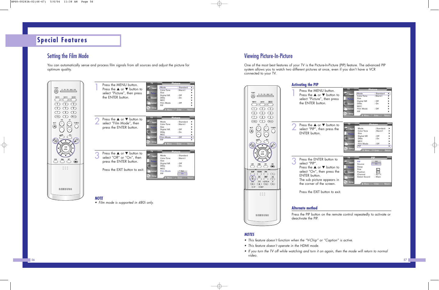 Special features, Viewing picture-in-picture, Setting the film mode | Activating the pip, Alternate method, Film mode is supported in 480i only | Samsung HLP5663WX-XAC User Manual | Page 29 / 46