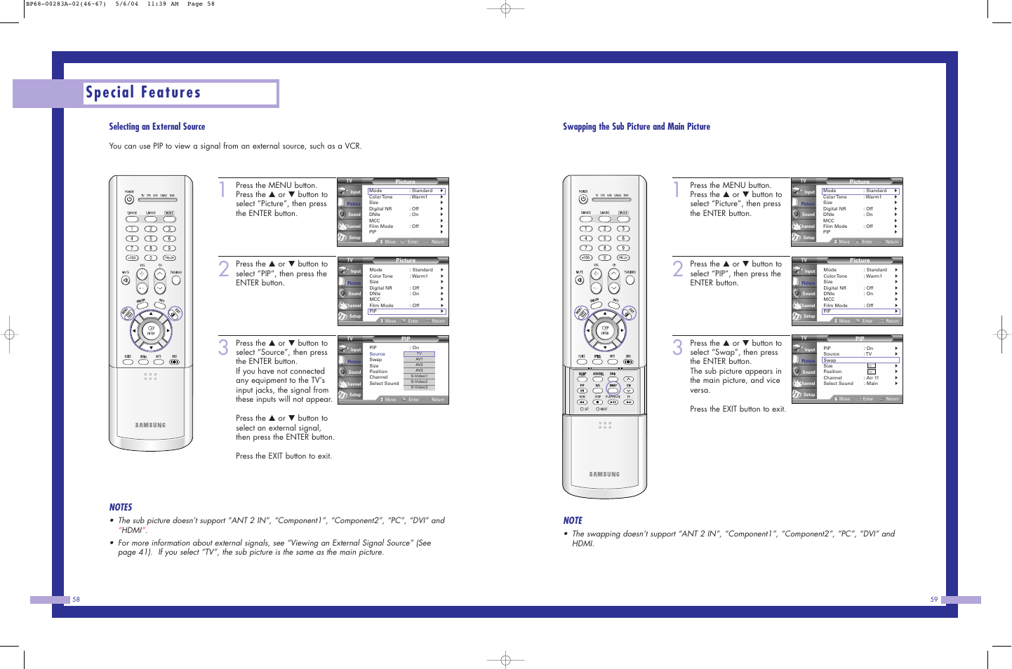 Special features, Swapping the sub picture and main picture, Selecting an external source | Samsung HLP5663WX-XAC User Manual | Page 30 / 46