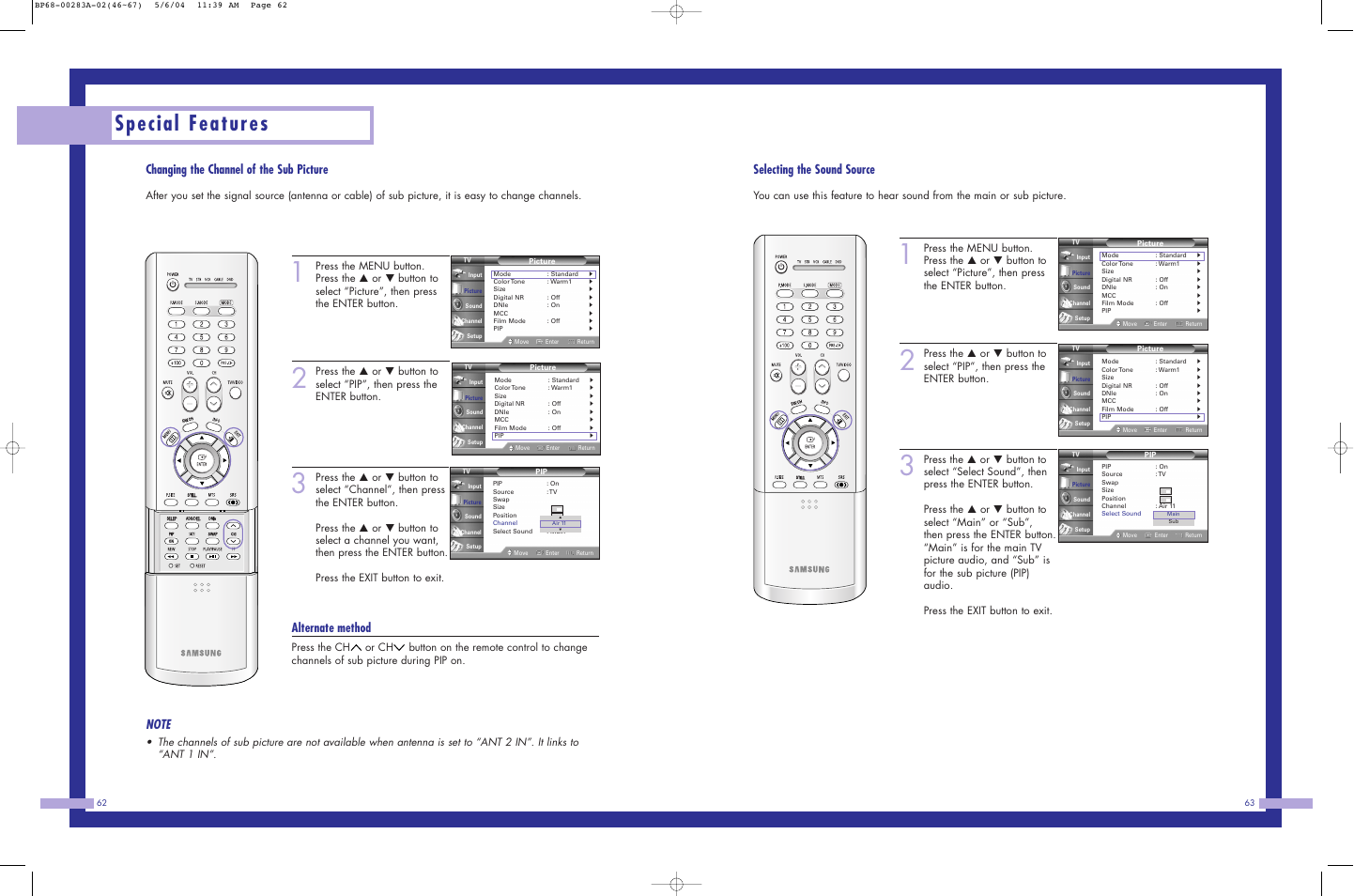 Special features, Changing the channel of the sub picture, Alternate method | Selecting the sound source | Samsung HLP5663WX-XAC User Manual | Page 32 / 46