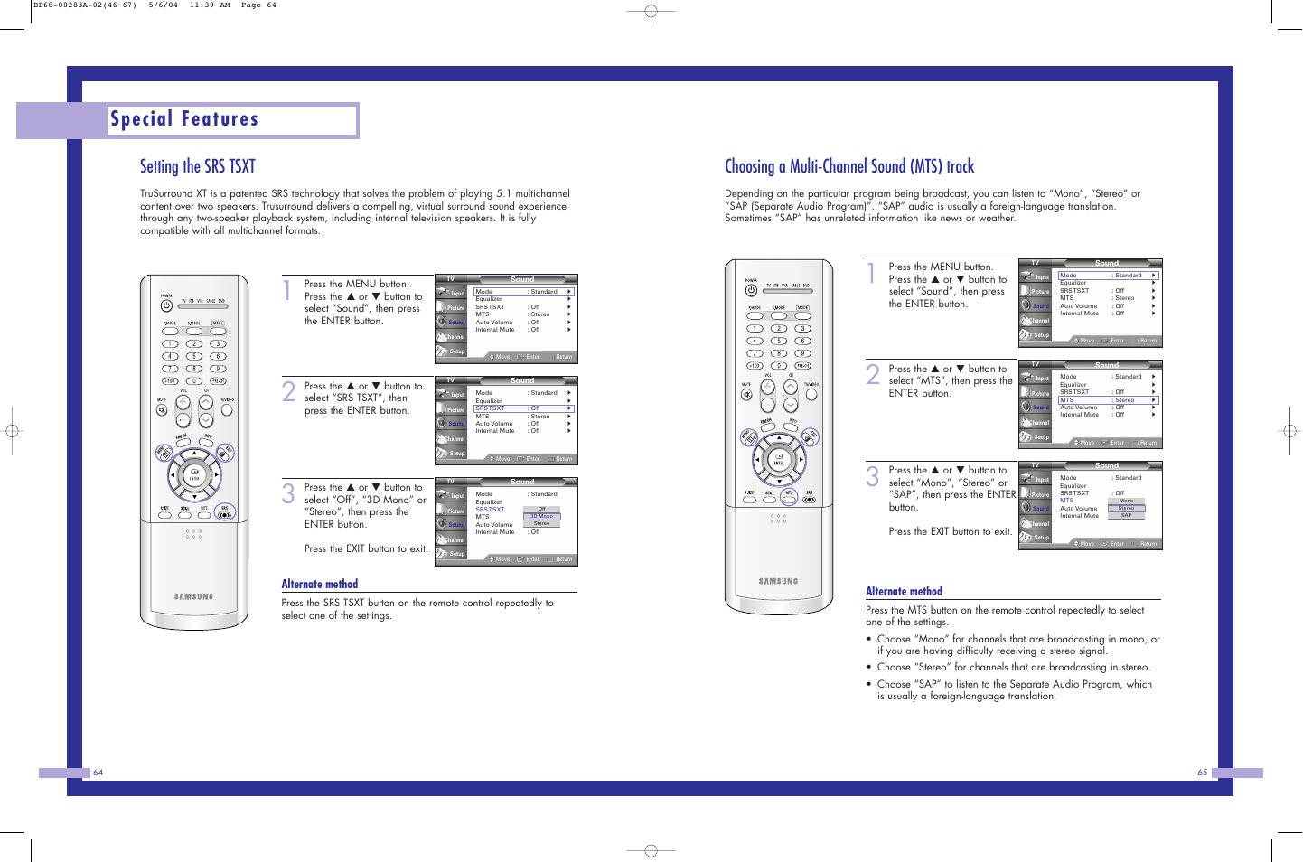 Special features, Setting the srs tsxt, Choosing a multi-channel sound (mts) track | Alternate method | Samsung HLP5663WX-XAC User Manual | Page 33 / 46