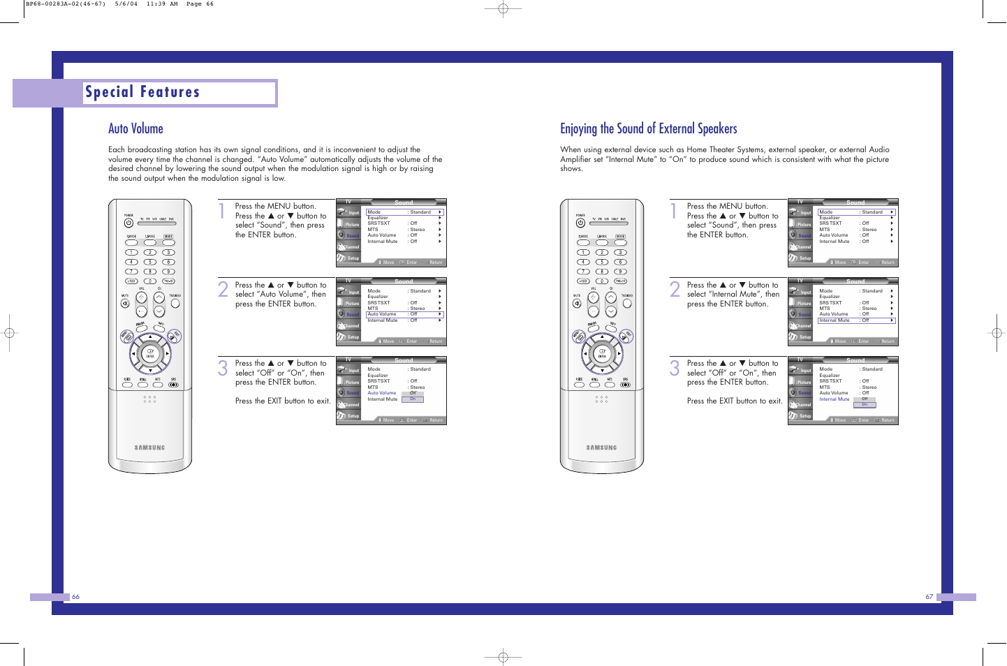 Special features, Auto volume, Enjoying the sound of external speakers | Samsung HLP5663WX-XAC User Manual | Page 34 / 46