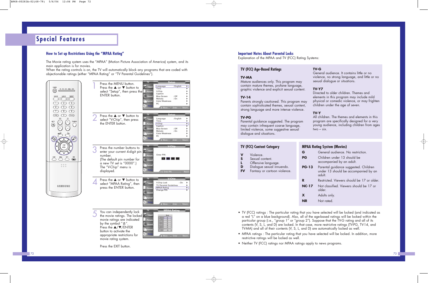 Special features, How to set up restrictions using the “mpaa rating, Tv (fcc) age-based ratings | Tv (fcc) content category, Mpaa rating system (movies) | Samsung HLP5663WX-XAC User Manual | Page 37 / 46
