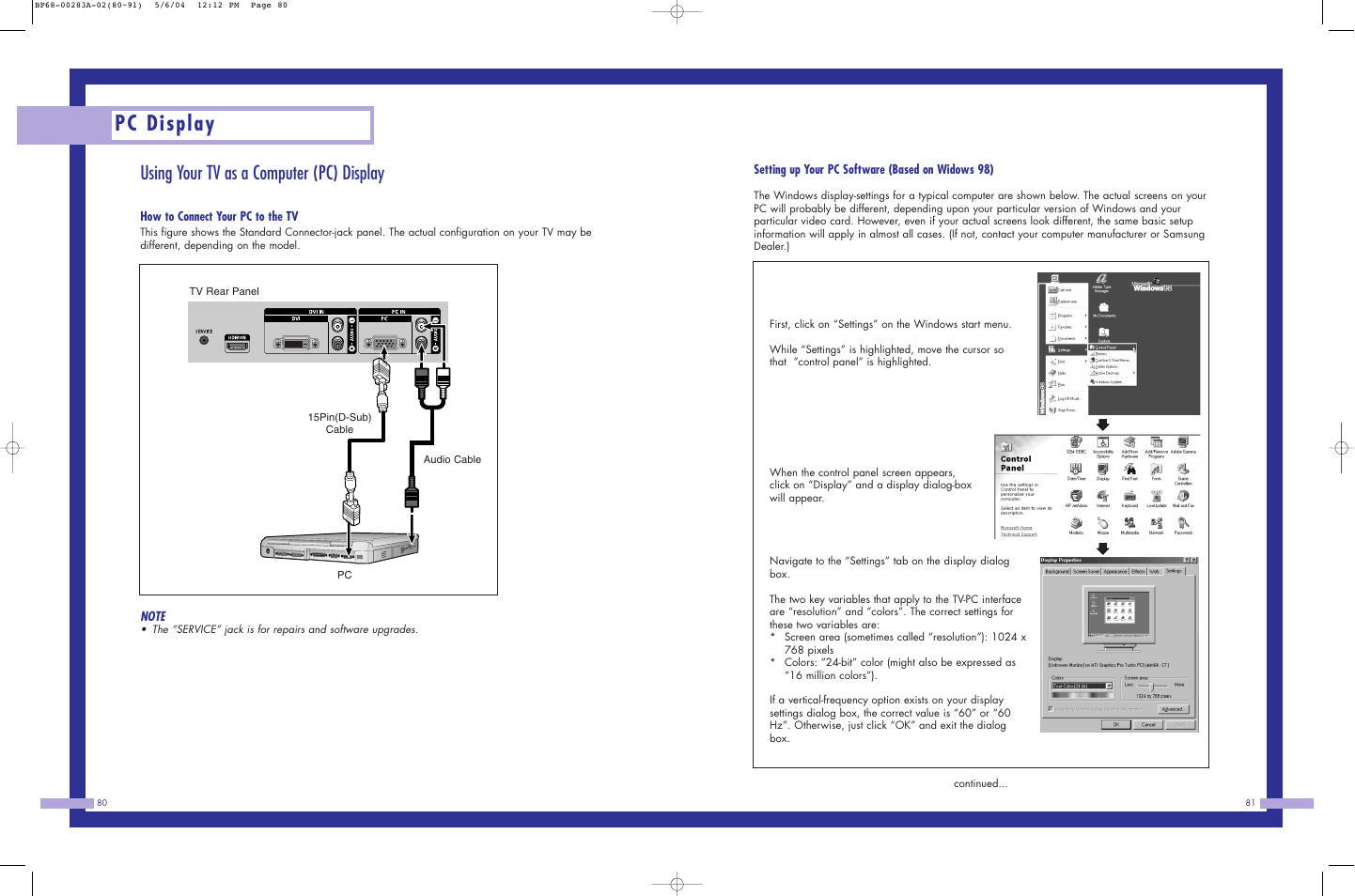 Pc display, Using your tv as a computer (pc) display | Samsung HLP5663WX-XAC User Manual | Page 41 / 46