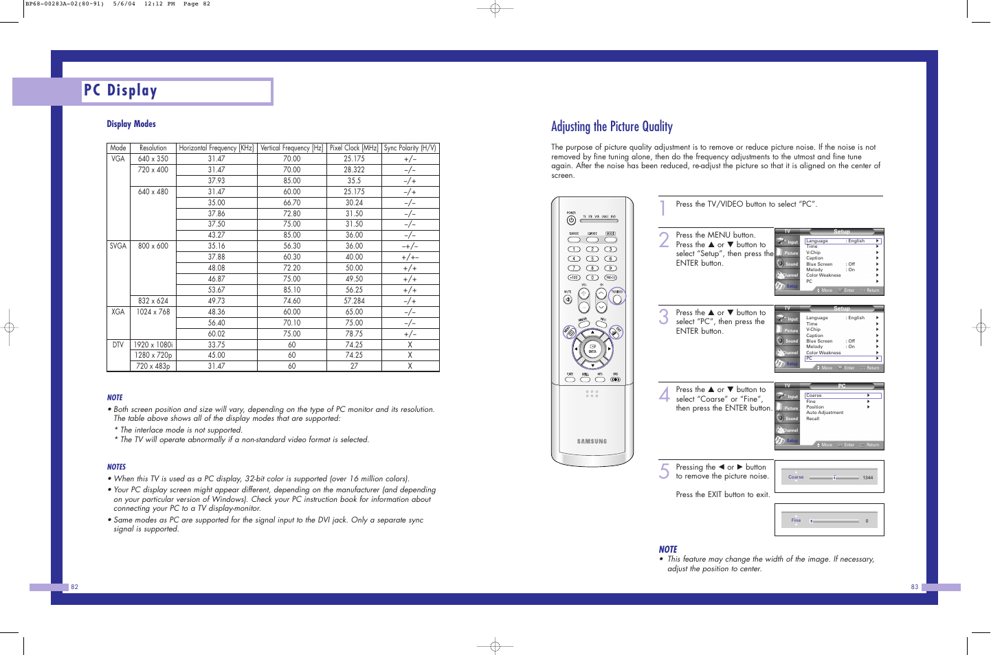 Pc display, Adjusting the picture quality, Display modes | Samsung HLP5663WX-XAC User Manual | Page 42 / 46