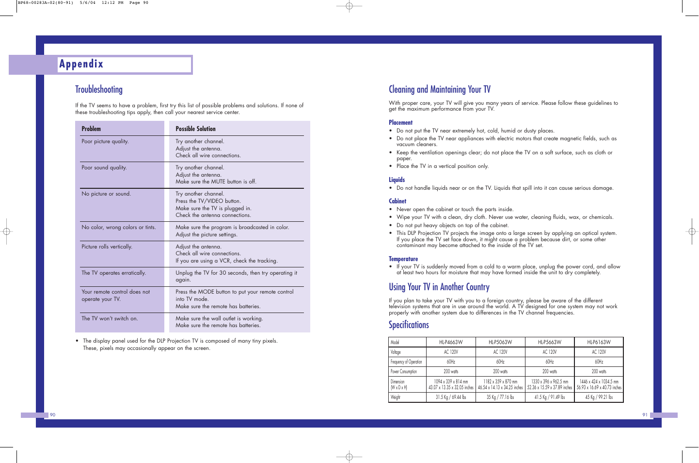 Appendix, Cleaning and maintaining your tv, Using your tv in another country | Specifications, Troubleshooting | Samsung HLP5663WX-XAC User Manual | Page 46 / 46