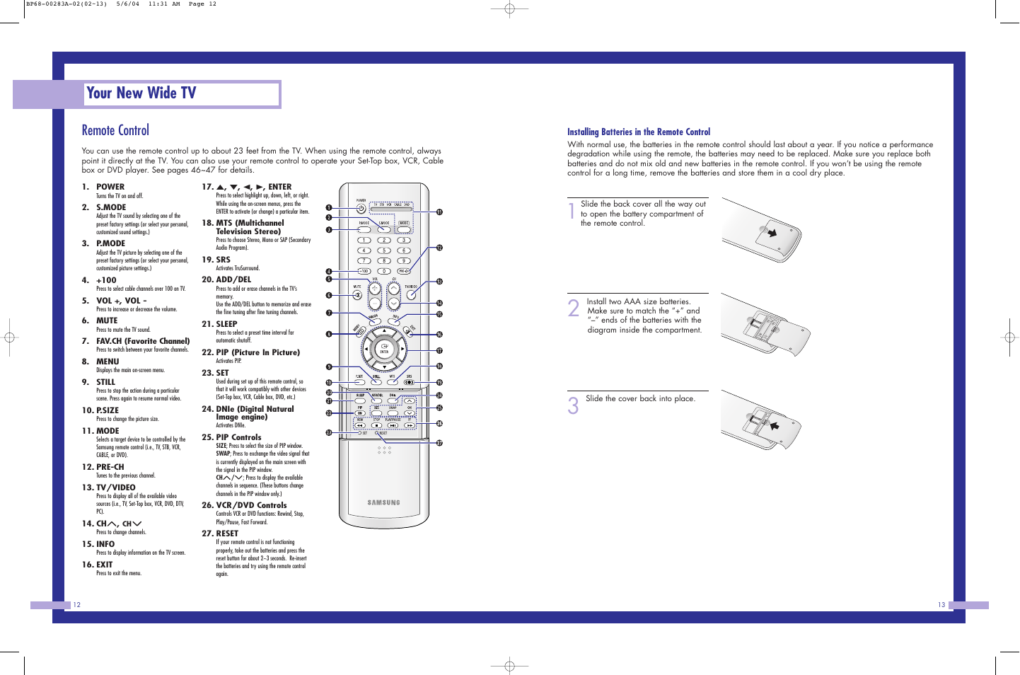 Your new wide tv, Remote control | Samsung HLP5663WX-XAC User Manual | Page 7 / 46