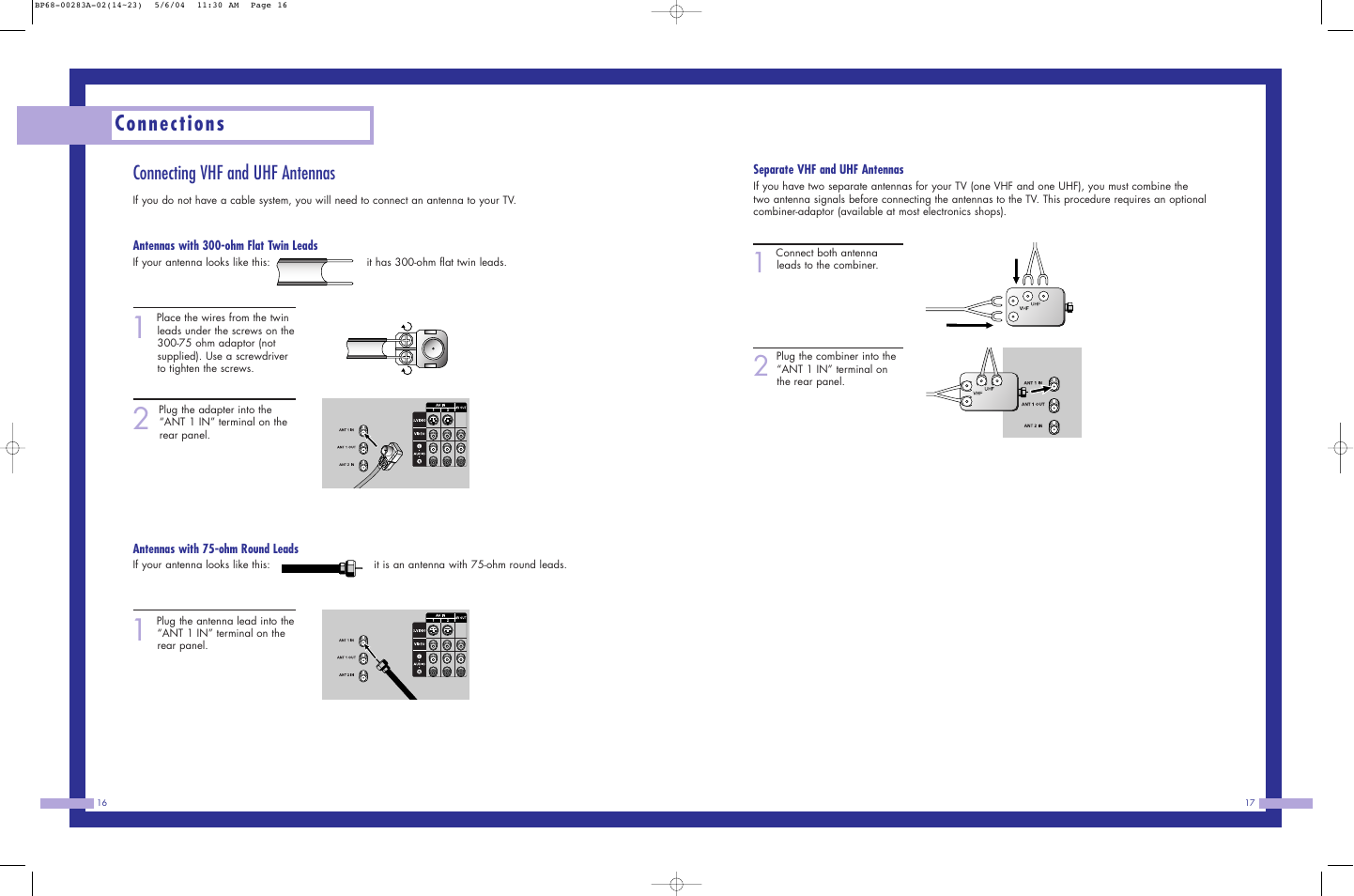 Connections, Connecting vhf and uhf antennas | Samsung HLP5663WX-XAC User Manual | Page 9 / 46