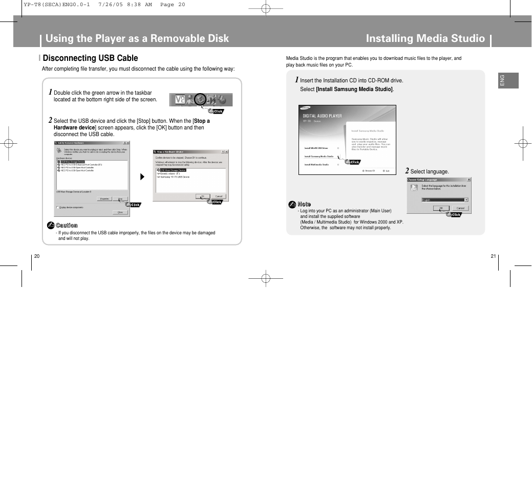 Installing media studio, Using the player as a removable disk, Idisconnecting usb cable | Samsung YP-T8Z-XAA User Manual | Page 11 / 47