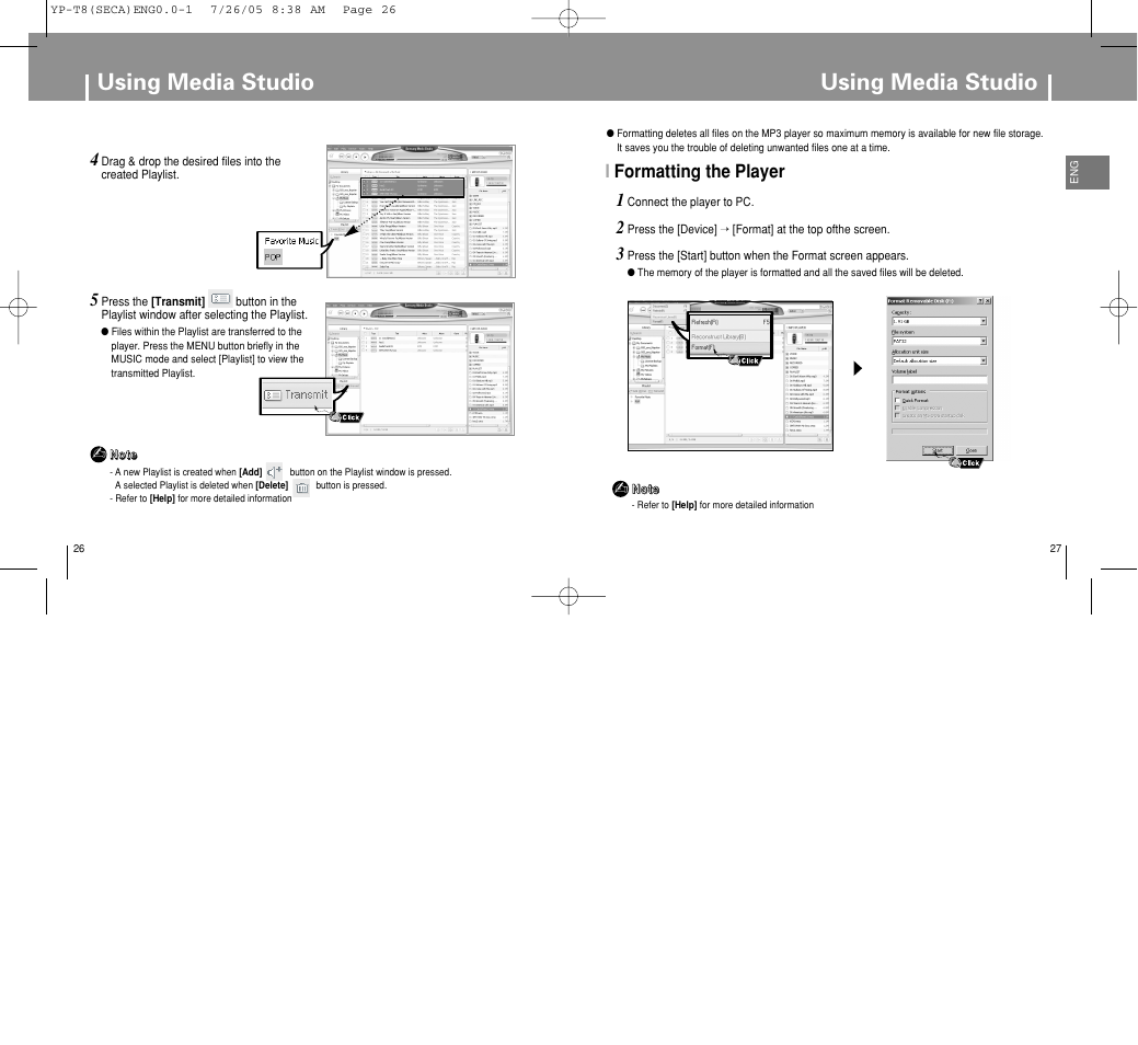 Using media studio, Iformatting the player | Samsung YP-T8Z-XAA User Manual | Page 14 / 47