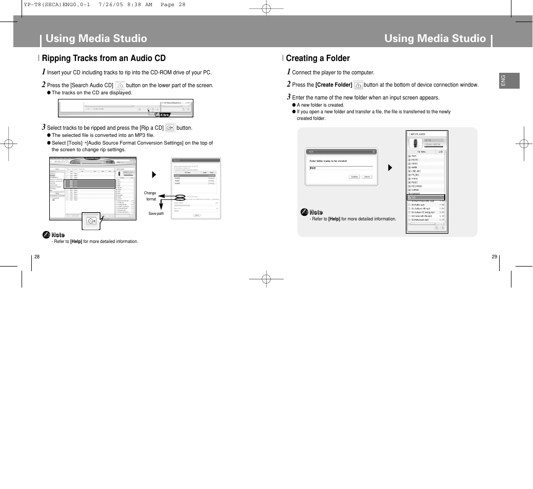 Using media studio, Iripping tracks from an audio cd, Icreating a folder | Samsung YP-T8Z-XAA User Manual | Page 15 / 47