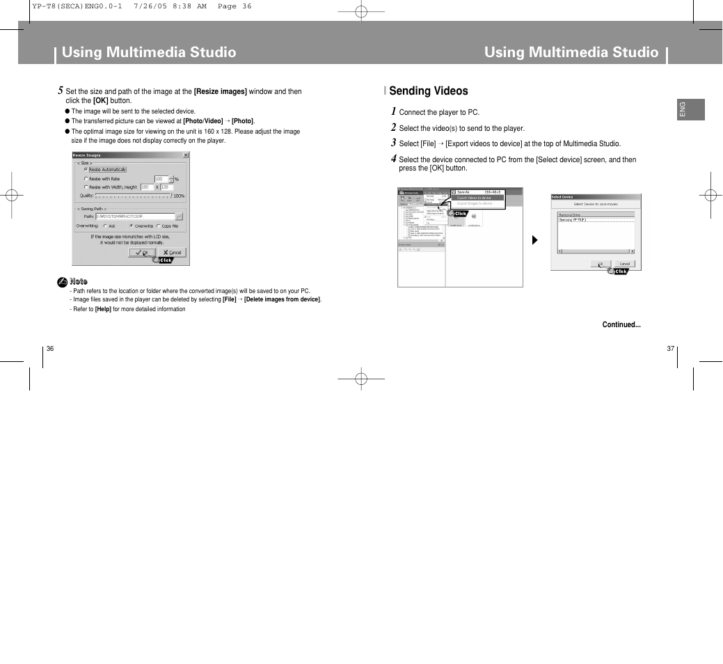 Using multimedia studio, Isending videos 1 | Samsung YP-T8Z-XAA User Manual | Page 19 / 47