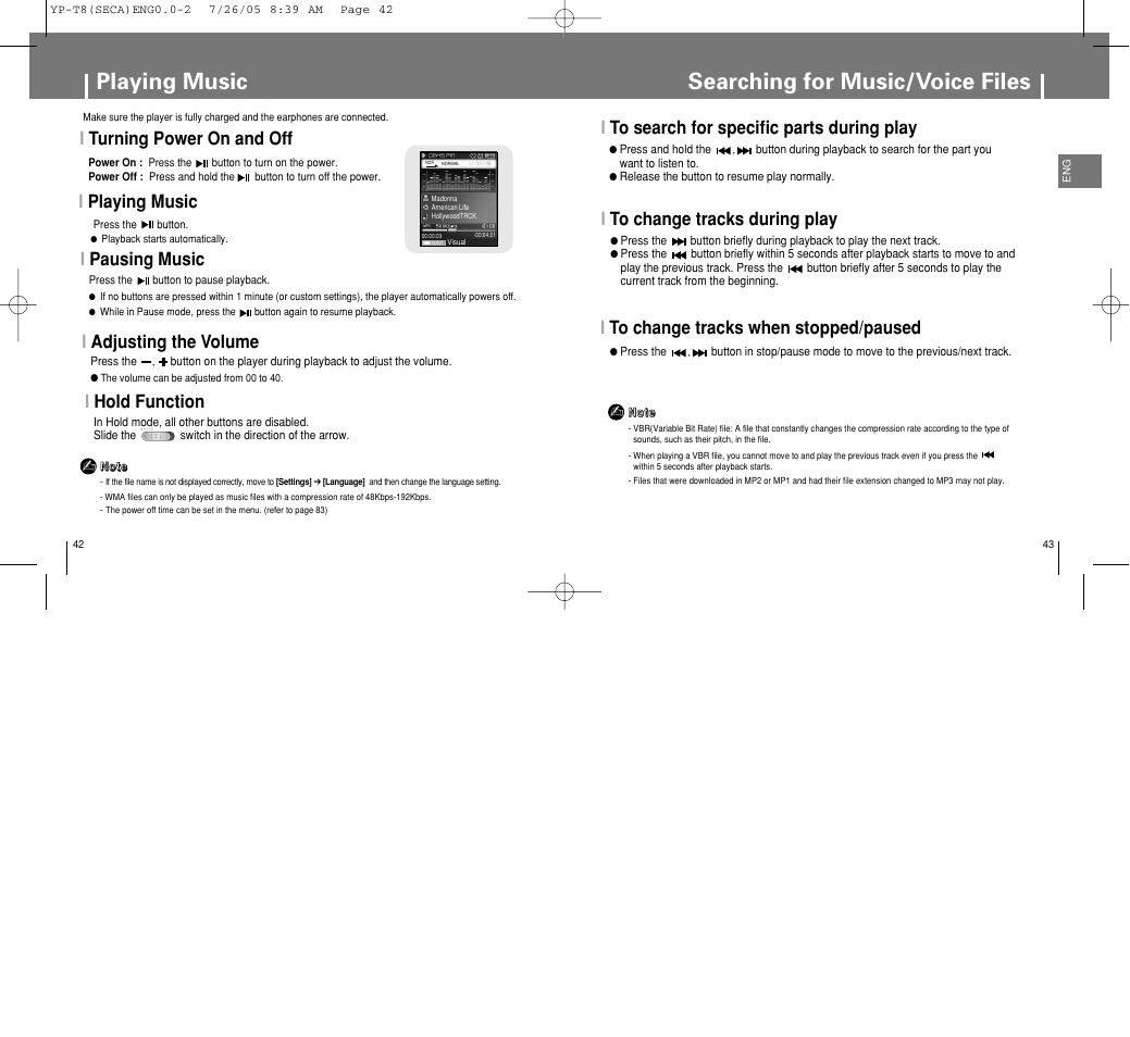 Playing music, Searching for music/voice files, Ito search for specific parts during play | Ito change tracks during play, Ito change tracks when stopped/paused, Iadjusting the volume, Ihold function, I turning power on and off, Iplaying music, Ipausing music | Samsung YP-T8Z-XAA User Manual | Page 22 / 47
