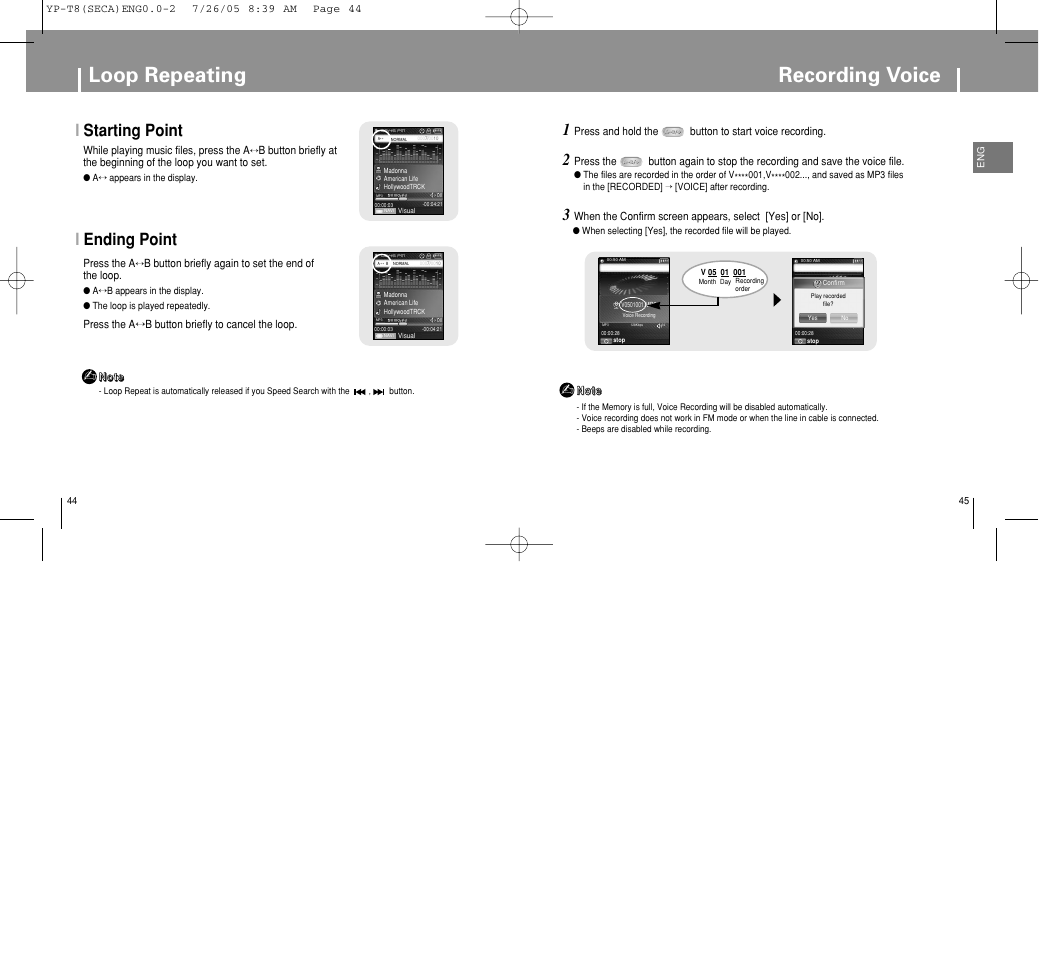 Recording voice, Loop repeating, Istarting point | Iending point | Samsung YP-T8Z-XAA User Manual | Page 23 / 47
