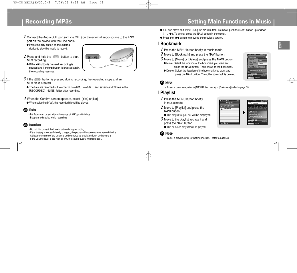 Setting main functions in music, Recording mp3s, Ibookmark 1 | Iplaylist | Samsung YP-T8Z-XAA User Manual | Page 24 / 47